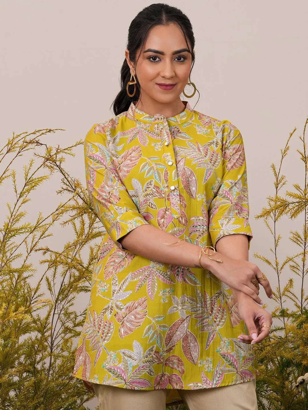 Yellow Printed Silk Blend A-line Kurti